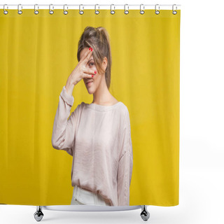 Personality  Portrait Of Curious Beautiful Young Woman With Fair Hair In Casu Shower Curtains