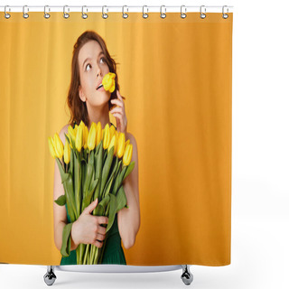 Personality  Portrait Of Pensive Woman With Tulip In Mouth And Bouquet Of Yellow Tulips Isolated On Orange Shower Curtains