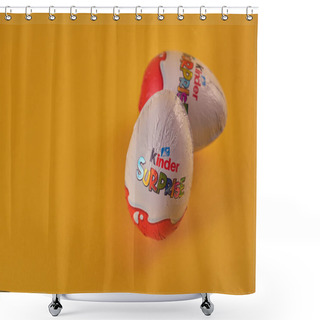 Personality  TURKU, FINLAND - FEBRUARY 25, 2021: Kinder Surprise Chocolate Eggs With A Toy On A Yellow Background. Easter Concept. Shower Curtains