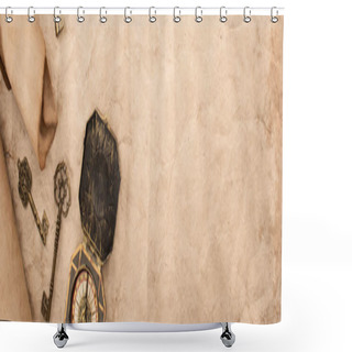Personality  Top View Of Vintage Keys And Compass On Aged Paper, Panoramic Shot Shower Curtains
