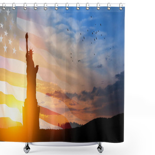 Personality  Statue Of Liberty With A Large American Flag And Sunset Sky With Flying Birds On Background. Greeting Card For Independence Day. USA Celebration. Shower Curtains