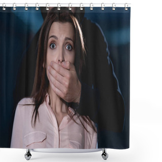 Personality  Thief Strangling Frightened Woman Looking At Camera Shower Curtains