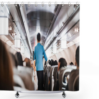 Personality  Interior Of Airplane With Passengers On Seats And Stewardess In Uniform Walking The Aisle, Serving People. Commercial Economy Flight Service Concept Shower Curtains