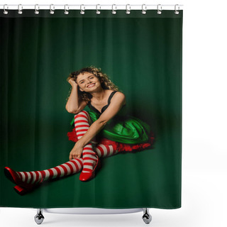 Personality  Happy Woman In Festive Dress With Striped Stockings Smiling At Camera, New Year Elf Concept Shower Curtains