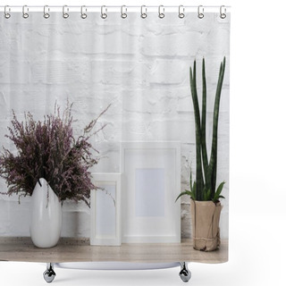 Personality  Empty Photo Frames And Flowers On Tabletop Shower Curtains