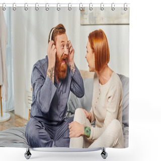 Personality  Music Enjoyment, Excited And Bearded Man, Day Off Without Kids, Redhead Husband And Wife, Bearded Man In Wireless Headphones, Cheerful Parents Alone At Home, Modern Lifestyle, Relationship  Shower Curtains