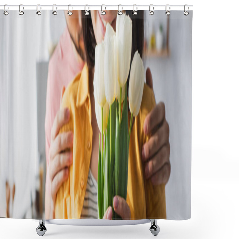 Personality  Partial View Of Young Man Hugging Girlfriend With Bouquet Of Flowers In Kitchen, Banner Shower Curtains