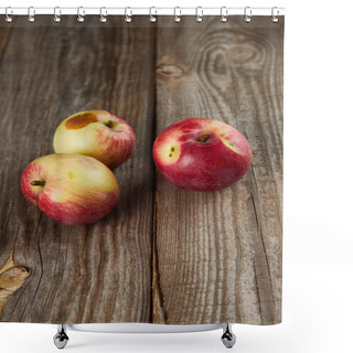 Personality  Farmers Apples With Small Rotten Spot On Brown Wooden Surface With Copy Space Shower Curtains