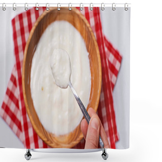 Personality  Top View Of Man Holding Spoon With Yogurt Near Blurred Bowl On Plaid Cloth Napkin Isolated On White  Shower Curtains