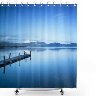 Personality  Wooden Pier Or Jetty And On A Blue Lake Sunset And Sky Reflectio Shower Curtains