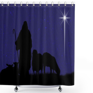 Personality  Silhouette Of Shepherd And Sheep With A Bright Star In The Sky Shower Curtains
