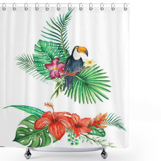 Personality  Tropical Forest Leaves, Branch, Flower And Animal Arrangement, Bouquets, Watercolor Illustration Isolated White Background For Invitation, Greeting Cards, Ornaments Shower Curtains