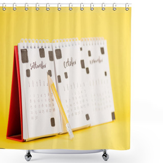 Personality  Pencil Near Calendar With September Month On Yellow Background Shower Curtains
