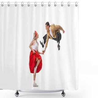 Personality  Dynamic Portrait Of Dancing Couple In Vintage Style Clothes Dancing, Jumping Isolated On White Background. Concept Of Art, Music, 60s ,70s American Fashion Style. Emotions, Expressions Shower Curtains