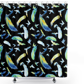 Personality  Watercolor Silhouettes Of Flying Birds And Feathers On Black. Seamless Pattern Shower Curtains