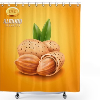 Personality  Vector Realistic Detailed Almonds With Nutshells With Green Leaves Isolated On Warm Background. Natural Ingredient Element For Your Design. Healthy Food Theme. 3d Illustration Shower Curtains