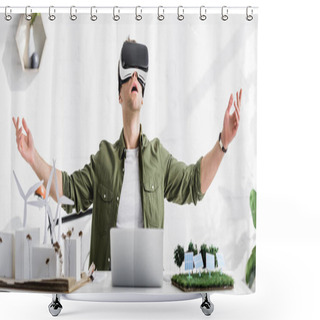 Personality  Panoramic Shot Of Architect In Reality Headset At Table With Laptop And Windmills, Buildings, Solar Panels Models In Office Shower Curtains