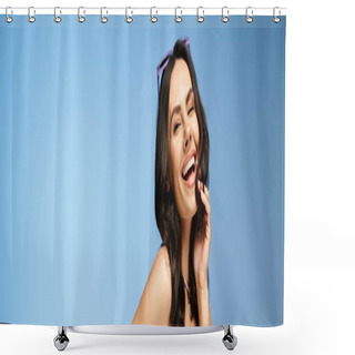Personality  A Stylish Woman In Sunglasses Laughing Joyfully Against A Vibrant Blue Background. Shower Curtains