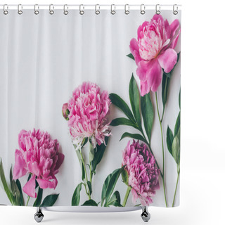 Personality  Top View Of Fresh Pink Peony Flowers With Leaves Isolated On White Shower Curtains