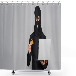 Personality  Hacker In Balaclava Holding Laptop And Credit Card Isolated On Grey, Banner  Shower Curtains