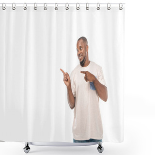 Personality  Cheerful African American Man Looking Away And Pointing With Fingers Isolated On White Shower Curtains