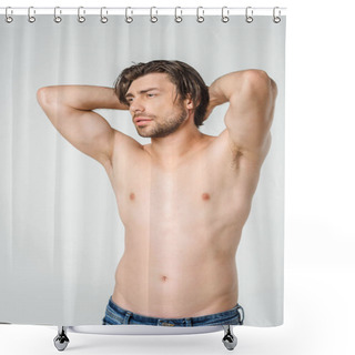 Personality  Pensive Shirtless Man In Jeans Posing Isolated On Grey Shower Curtains