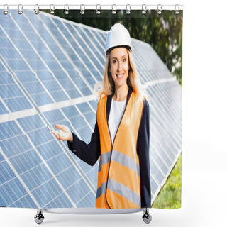 Personality  Businesswoman In Safety Vest And Hardhat Smiling And Looking At Camera  Shower Curtains