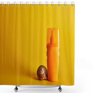 Personality  Sunscreen In Orange Bottle Near Seashell On Dark Yellow Background Shower Curtains