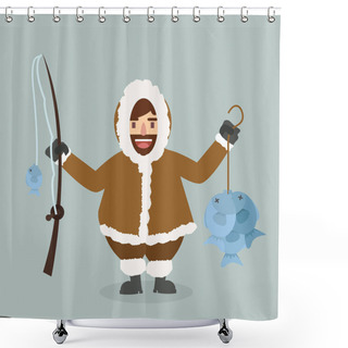 Personality  Funny Eskimo Cartoon Fisherman Vector. Shower Curtains