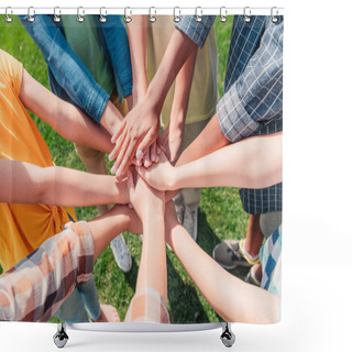 Personality  Cropped View Of Multicultural Children Putting Hands Together  Shower Curtains