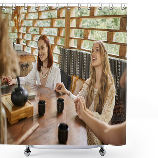 Personality  Women Retreat, Carefree Girlfriends Meditating And Holding Hands Near Tea Cups On Wooden Table Shower Curtains