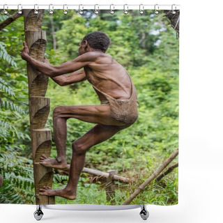 Personality  Papuan Of Korowai Tribe Climbs Into House On Tree Shower Curtains
