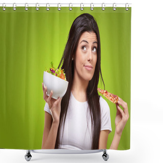 Personality  Portrait Of Young Woman Choosing Pizza Or Salad Against A Green Shower Curtains