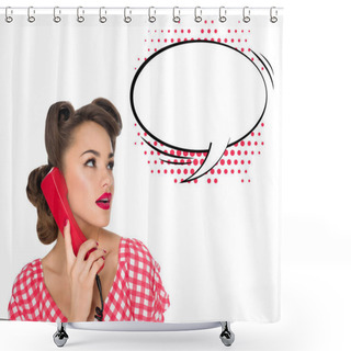 Personality  Portrait Of Pin Up Woman Talking On Old Telephone With Empty Speech Bubble Isolated On White Shower Curtains