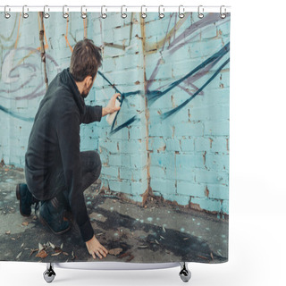 Personality  Street Artist Painting Colorful Graffiti On Wall Of Building Shower Curtains