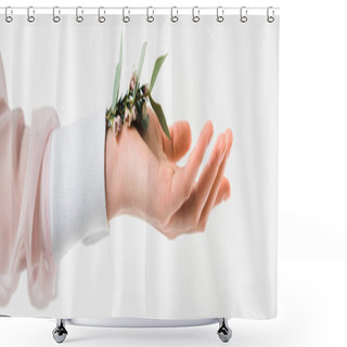 Personality  Panoramic Shot Of Female Hand Holding Eucalyptus Leaves With Flowers In Hand On White  Shower Curtains
