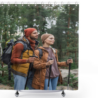 Personality  Pleased Young Couple With Backpacks Trekking Together With Hiking Sticks  Shower Curtains