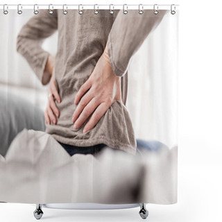Personality  Woman Waking Up On The Bed, Morning Stretching, Pain In The Back And Hip. Shower Curtains
