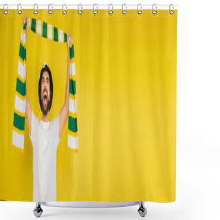 Personality  Excited Sports Fan Holding Striped Scarf In Raised Hands And Screaming Isolated On Yellow, Banner Shower Curtains