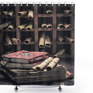 Personality  Unique Books And Antique Scrolls In Library On Wooden Table Shower Curtains
