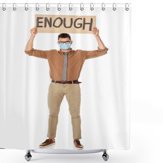 Personality  Teacher In Medical Mask Holding Signboard With Enough Lettering On White Background Shower Curtains