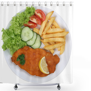 Personality  Schnitzel Chop Cutlet Meal With French Fries On Plate Isolated Shower Curtains