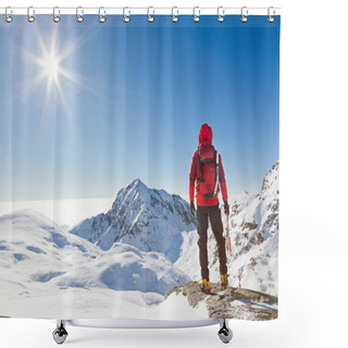 Personality  Mountaineer Looking At A Snowy Mountain Landscape Shower Curtains
