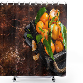 Personality  Fresh Mandarin Oranges Or Tangerines Fruits With Leaves. Dark Background. Top View. Copy Space. Shower Curtains