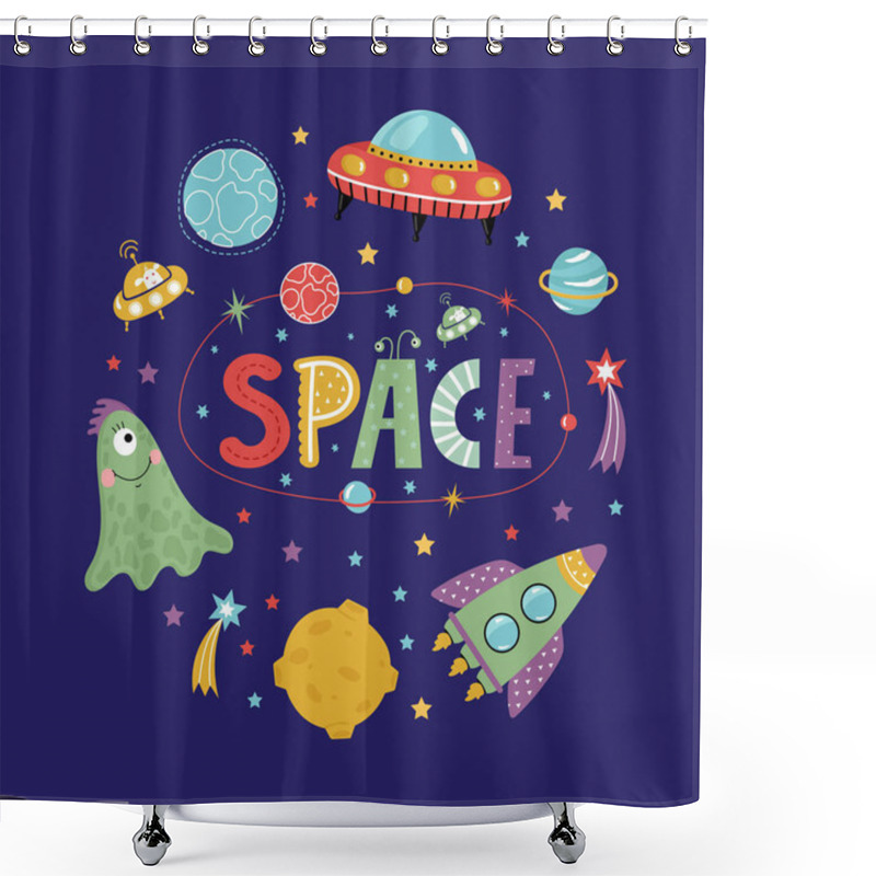 Personality  Space Objects In Cartoon Style Vector Collection Shower Curtains