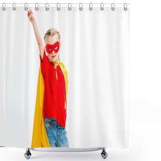 Personality  Supergirl Wearing Yellow Cape And Red Mask For Eyes Gesturing By Hand Isolated On White Shower Curtains