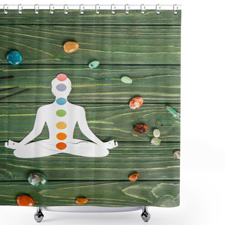 Personality  Top View Of Paper Figure In Form Of Person With Chakras In Lotus Pose, Aroma Sticks And Colorful Stones On Wooden Surface Shower Curtains