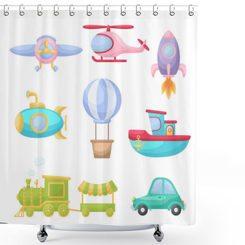 Personality  Set of cute cartoon transport. Collection of vehicles for design of childrens book, album, baby shower, greeting card, party invitation, house interior. Bright colored childish vector illustration. shower curtains