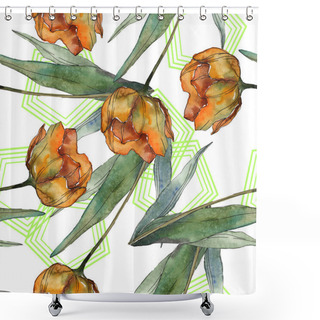 Personality  Orange And Red Isolated Poppies With Leaves And Lines. Watercolor Illustration Set. Seamless Background Pattern. Shower Curtains