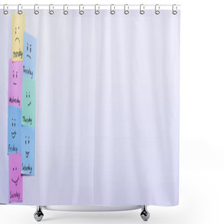 Personality  Top View Of Multicolored Cards With Different Emoji And Day Names On Pastel Violet Background, Banner Shower Curtains